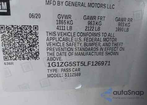 2020 Chevrolet Malibu Fwd Rs z USA, uszkodzony, nr VIN 1G1ZG5ST5LF126971